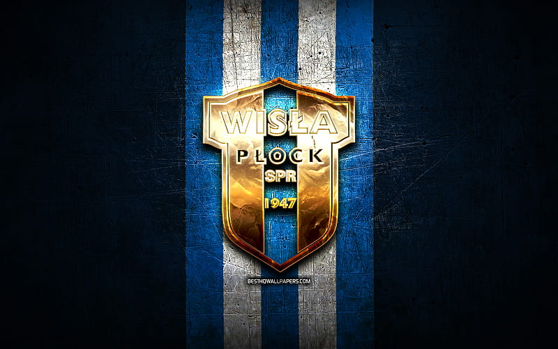 Wisla Plock FC, golden logo, Ekstraklasa, blue metal background, football, Wisla Plock SA, polish football club, Wisla Plock logo, soccer, Poland, HD wallpaper