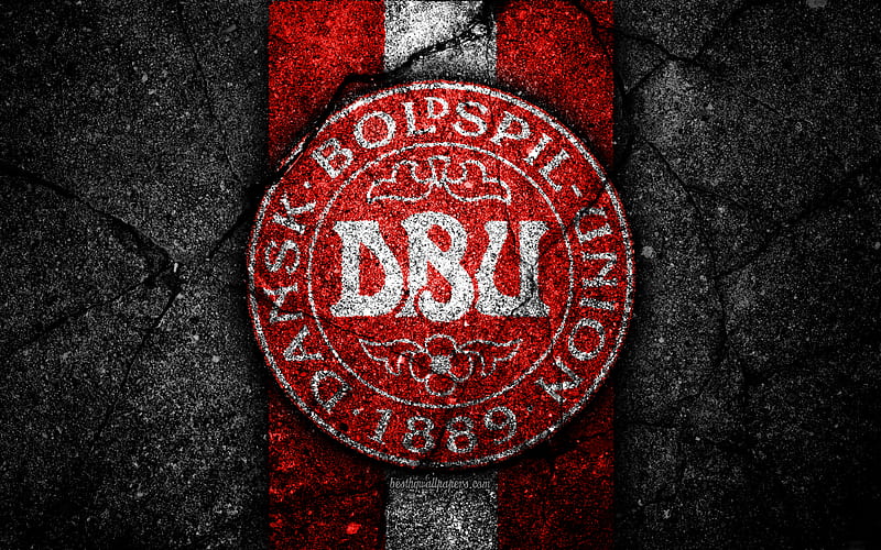 Danish football team emblem, UEFA, Europe, football, asphalt texture, soccer, Denmark, European national football teams, Denmark national football team, HD wallpaper