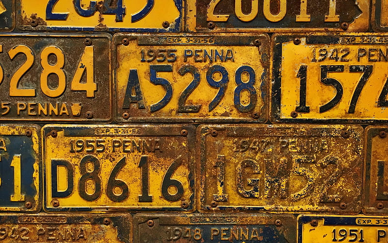 old yellow car numbers, car numbers texture, license plate background, old iron background, background with license plates, HD wallpaper