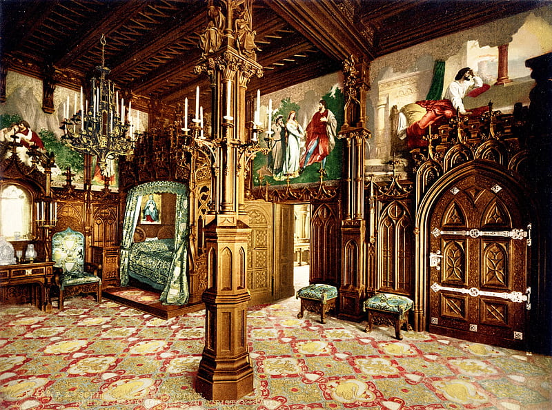 Neuschwanstein Bedroom, bedroom, neuschwanstein, gothic, castle, HD wallpaper