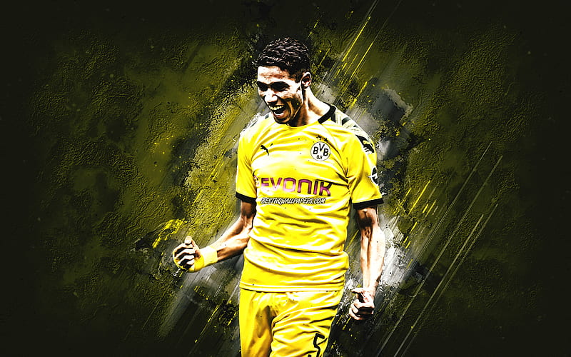Achraf Hakimi, Borussia Dortmund, Moroccan football player, yellow stone background, Bundesliga, Germany, football, HD wallpaper