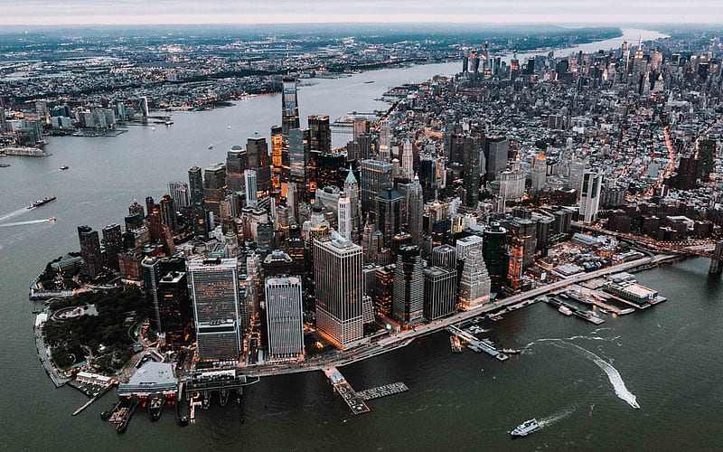 Manhattan, aerial view, New York, USA, evening, sunset, cityscape, skyscrapers, World Trade Center 1, modern buildings, HD wallpaper