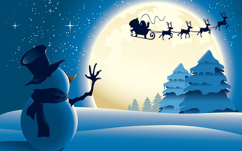 night, snowman, winter, christmas, snow, reindeer, Santa Claus, HD wallpaper