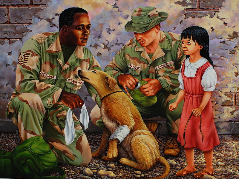 Compassion, girl, help, soldiers, injured, dog, HD wallpaper
