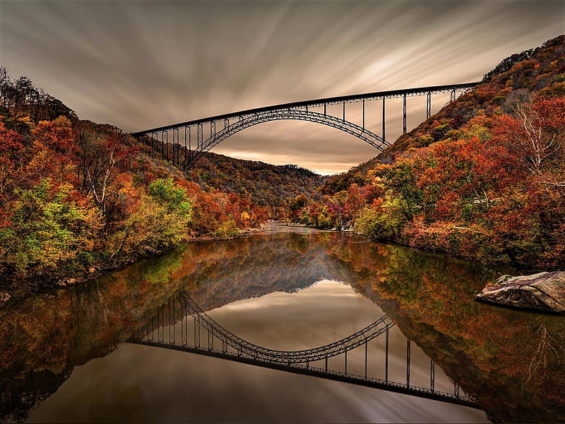 Arch Bridge in Virginia, river, sky, bridge, virginia, HD wallpaper