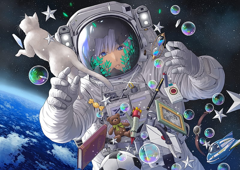 :-), astronaut, luminos, anime, manga, stuff, cat, white, minami, girl, bubbles, HD wallpaper