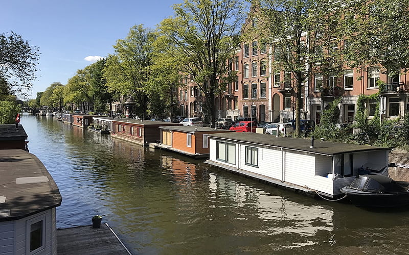 Houseboats in Amsterdam, canal, houses, street, houseboats, Netherlands, Amsterdam, HD wallpaper