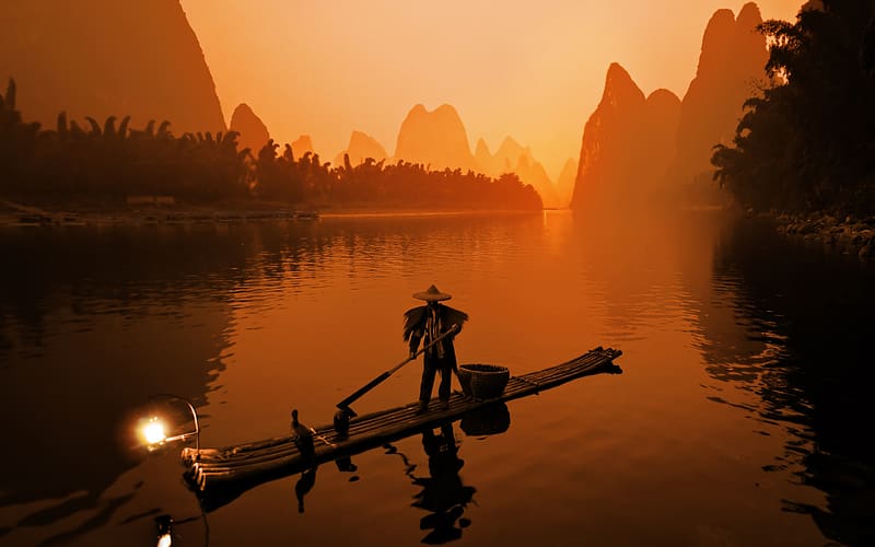 Sunset, Mountain, China, River, , Nanling Mountains, Guanxi Zhuang, Li River, HD wallpaper