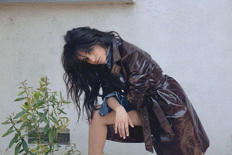 Camila Cabello, brunette, leather coat, plant, vent, denim top, long hair, HD wallpaper