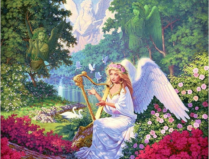 Heavenly Angel, wings, angel, bonito, trees, swans, softness, fantasy, doves, harp, flowers, HD wallpaper