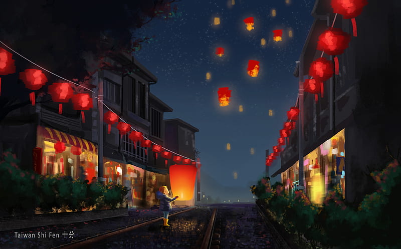 lanterns, artwork, festival, chinese new year, starry sky, night, Fantasy, HD wallpaper