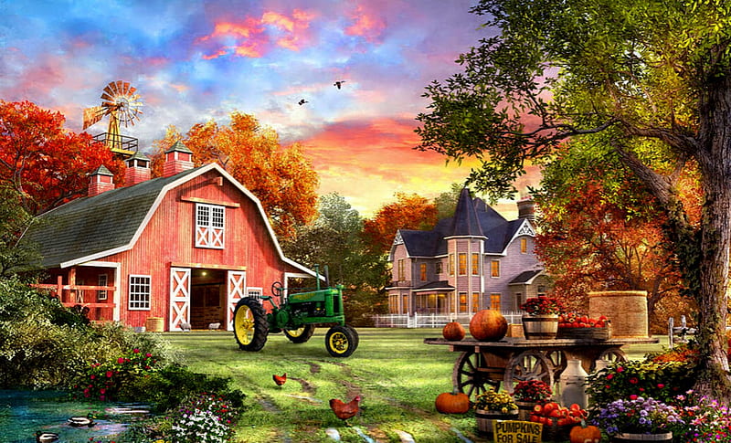Autumn Farm, House, Tractor, Barn, Pumpkin, Trees, Clouds, Sky, HD wallpaper