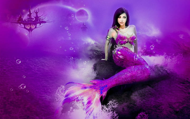 1080p Free Download Purple Mermaid Pretty Art Cg Mermaid Bonito Woman Fantasy Girl 9053