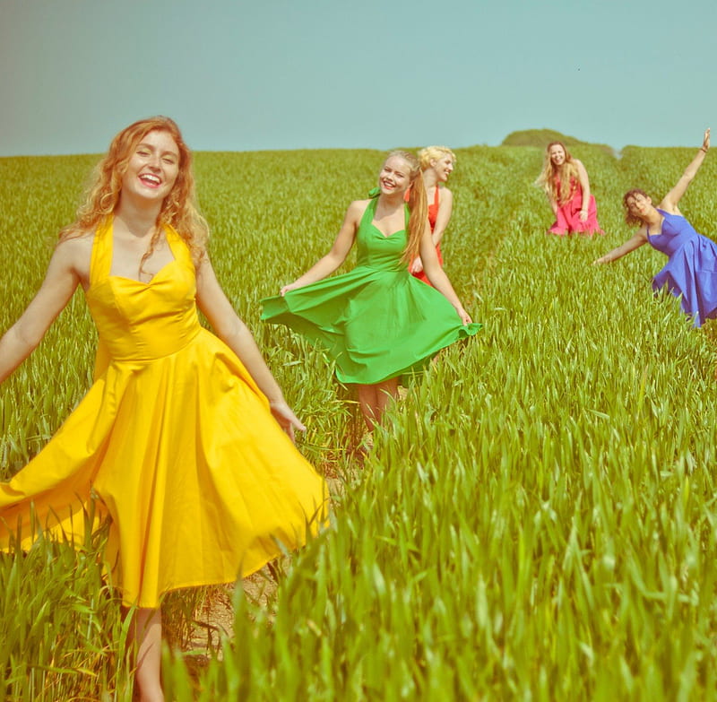 Happy girls with colorful dresses, DRESSES, orange, yellow, bonito, NATURE, green, love, bright, siempre, COLORFUL, girls, pink, light, lovely, happy, GRASS, purple, sunshine, HD wallpaper