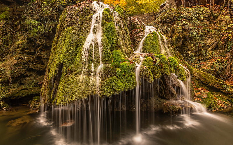 Bigar Cascade Falls, waterfall, forest, green moss, beautiful waterfalls, Romania, HD wallpaper