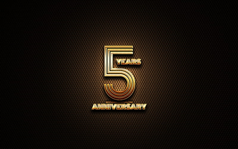 5th anniversary, glitter signs, anniversary concepts, grid metal background, 5 Years Anniversary, creative, Golden 5th anniversary sign, HD wallpaper