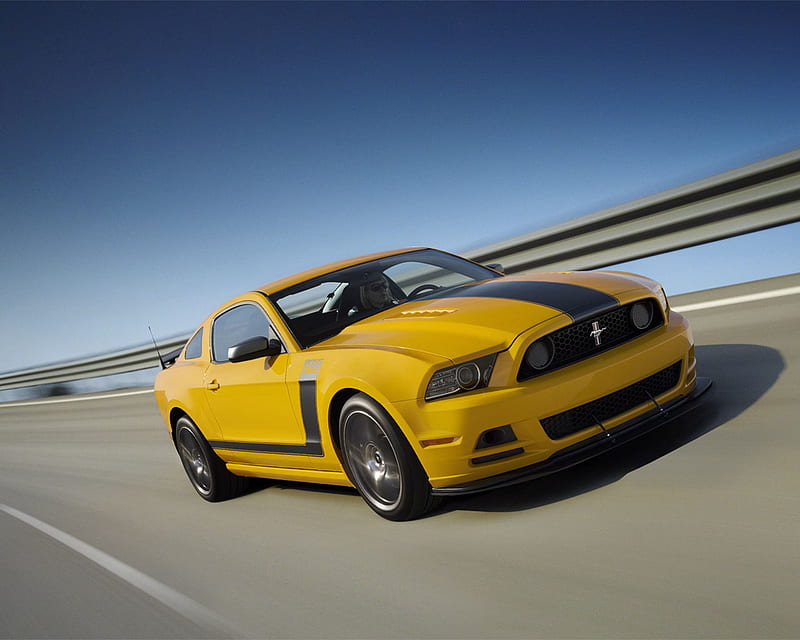 mustang, grey alloys, front engine, yellow, two seater, race track, black stipe, HD wallpaper