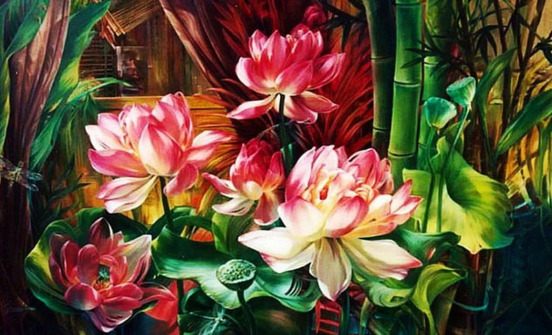Lotus Flowers, leaves, painting, blossoms, petals, artwork, HD wallpaper