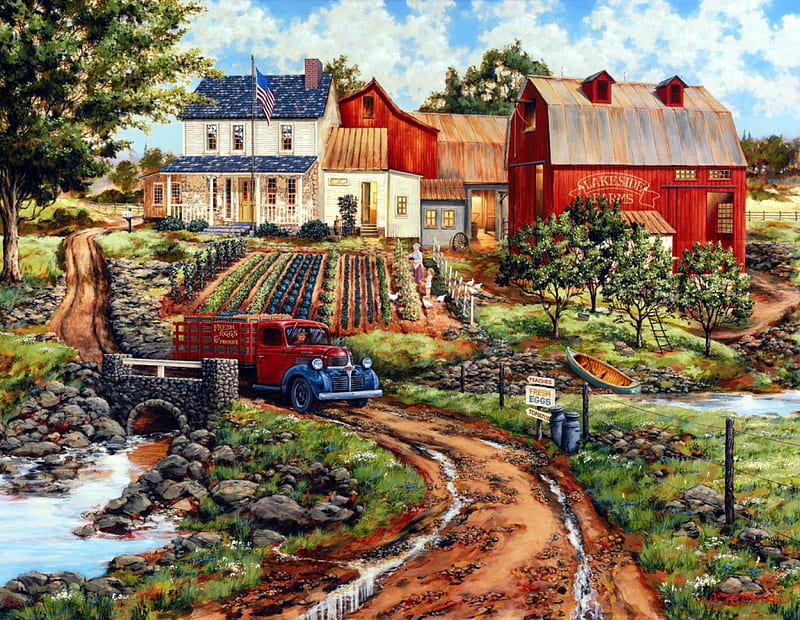 Grandma's Garden, house, legumes, car, path, artwork, field, barn, HD wallpaper