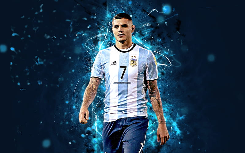 Mauro Icardi, match, Argentina National Team, fan art, Icardi, football stars, soccer, footballers, neon lights, Argentinean football team, HD wallpaper
