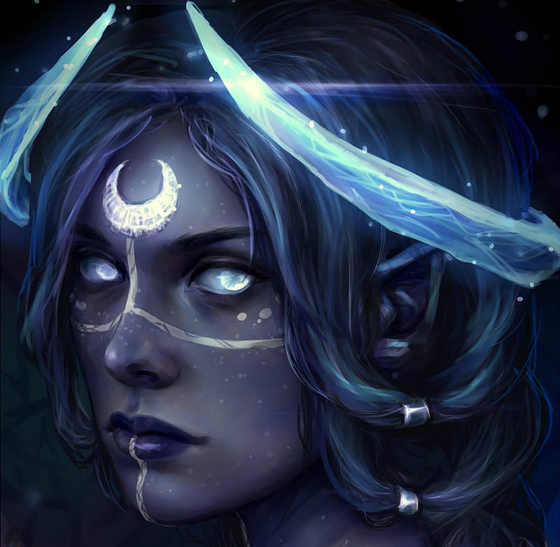Moon godlike, moon, luminos, woman, horns, fantasy, girl, face, white, eyes, anna helme, blue, HD wallpaper