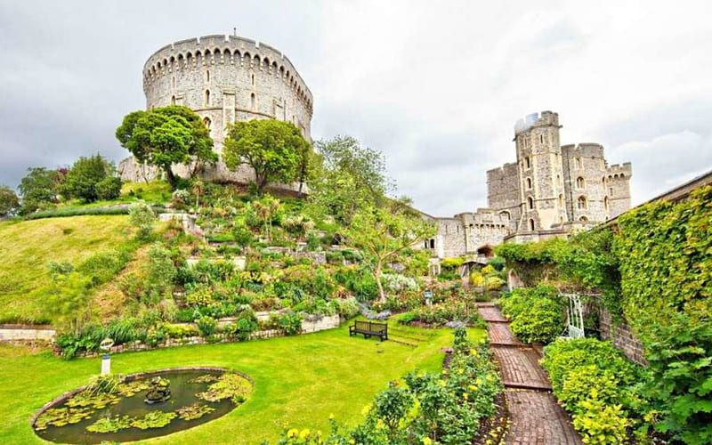 Green Windsor Castle, architecture, castle, grass, plants, HD wallpaper