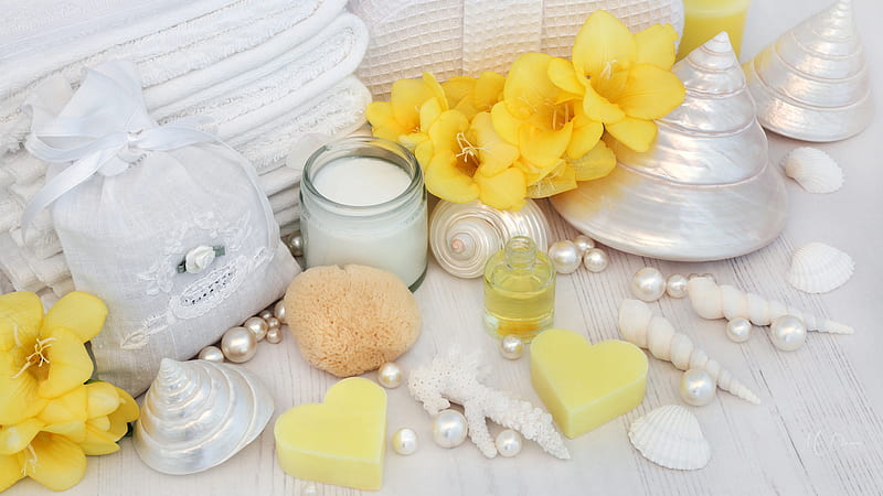 Spa Elements, daffodils, spa, spring, bath, pearls, oils, soaps, sea shells, health, beauty, HD wallpaper