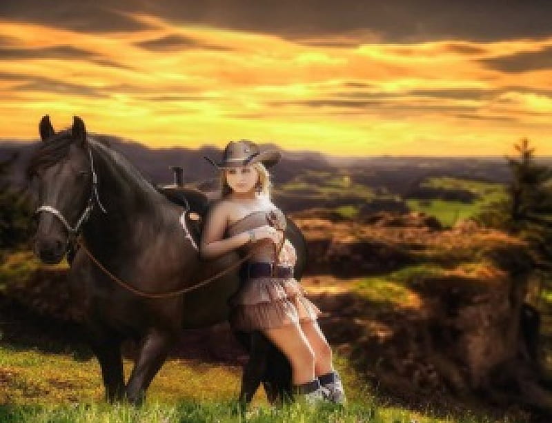 ♡Pretty Cowgirl Enjoying♡, pretty, cowgirl, boots, black horse, bonito, mountain, happy pretty lifestyle, love, sunrise, relaxation, gorgeous, female, lovely, sexy woman, enjoying, hat, charming, riding land beauty horse woman, attractive, nature, hadacarolina, outdoor, HD wallpaper