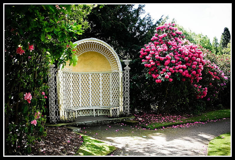 beautiful garden, flowers, bench, garden, bonito, arbor, HD wallpaper