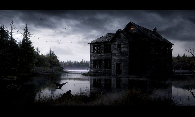 Ominous Creepy House, Water, Trees, Creepy, Sky, Black and white, Ominous, House, HD wallpaper