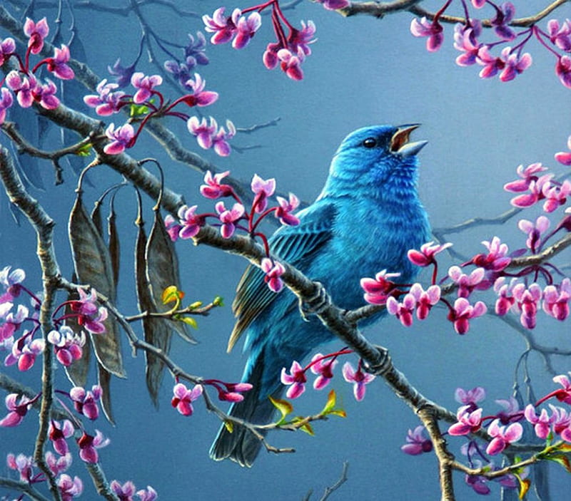 Blue Bird in Spring, seeds, tree, painting, twig, blossoms, songbird, artwork, HD wallpaper