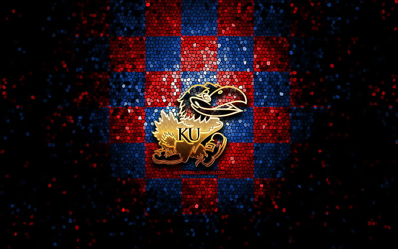 Kansas Jayhawk, glitter logo, NCAA, blue red checkered background, USA, american football team, Kansas Jayhawk logo, mosaic art, american football, America, University of Kansas Jayhawk, HD wallpaper