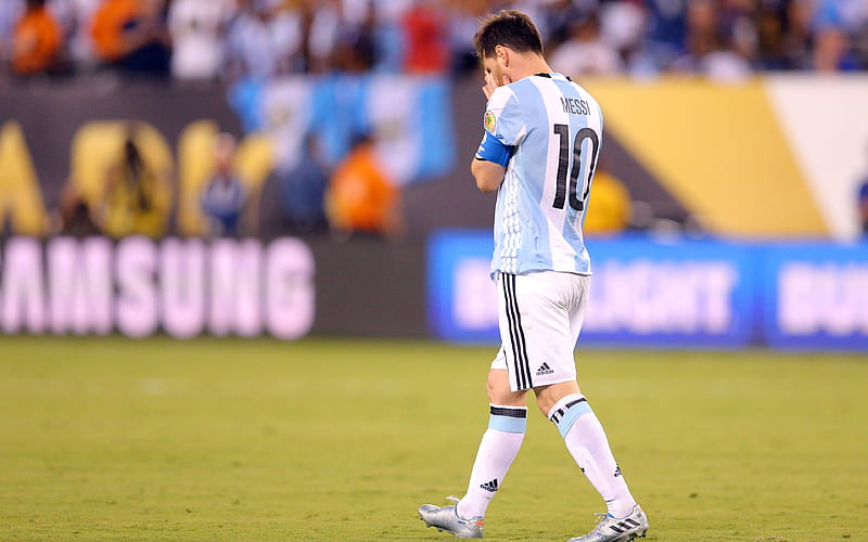Lionel Messi Argentina national football team, Leo Messi, Argentine football player, football star, Argentina, disappointment, football stadium, HD wallpaper