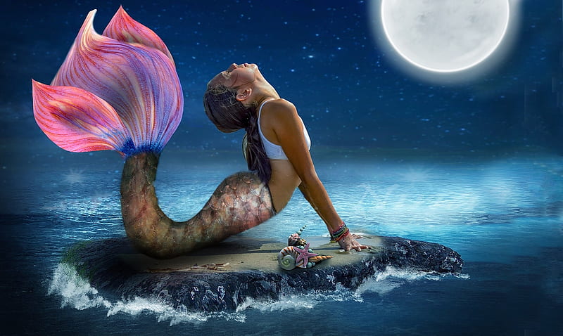 Mermaid in The Moonlight, rocks, enchanting, alluring, Moon, ocean, mermaid, sea, night, HD wallpaper