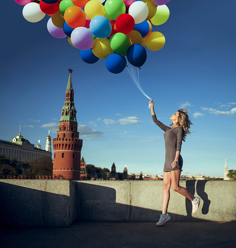 women, model, balloon, Ivan Gorokhov, Moscow, Kremlin, cityscape, HD phone wallpaper