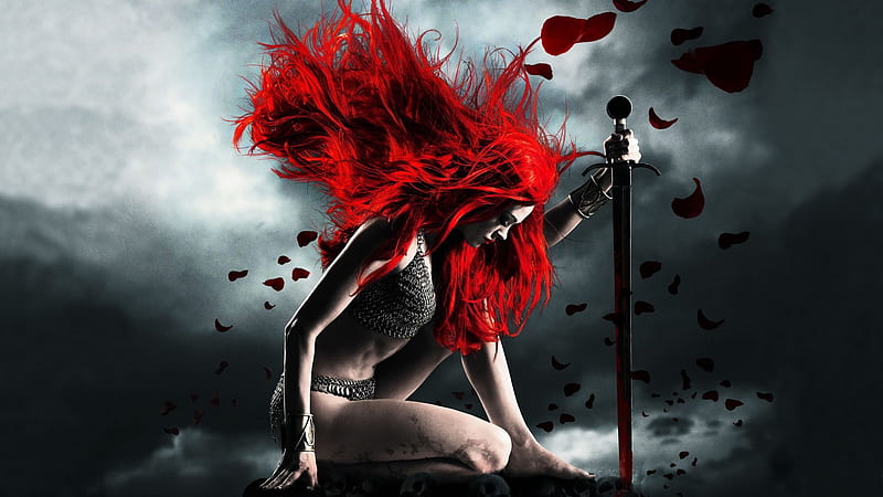 Blood Red Fantasy, red, woman, sexy, blood, hair, fantasy, blade, gris, hot, sword, HD wallpaper