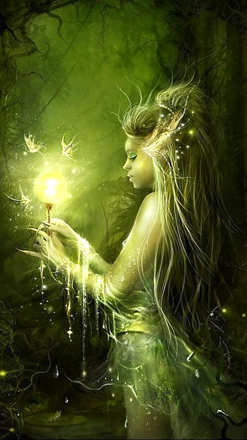 forest lady, creatures, elf, fairie, fairies, fairy, fairys, green, woman, woodland, HD phone wallpaper