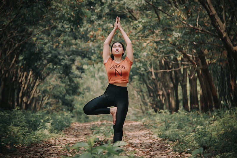 woman doing yoga near trees, HD wallpaper