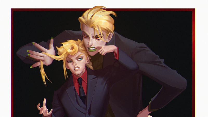Jojo Boy Dio Brando And Giorno Giovanna Wearing Suits With Black Blackground And Surrounding Red Line Anime, HD wallpaper