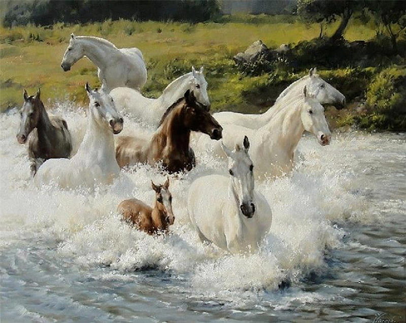 Rushing Upstream, painting, stream, animals, horses, HD wallpaper