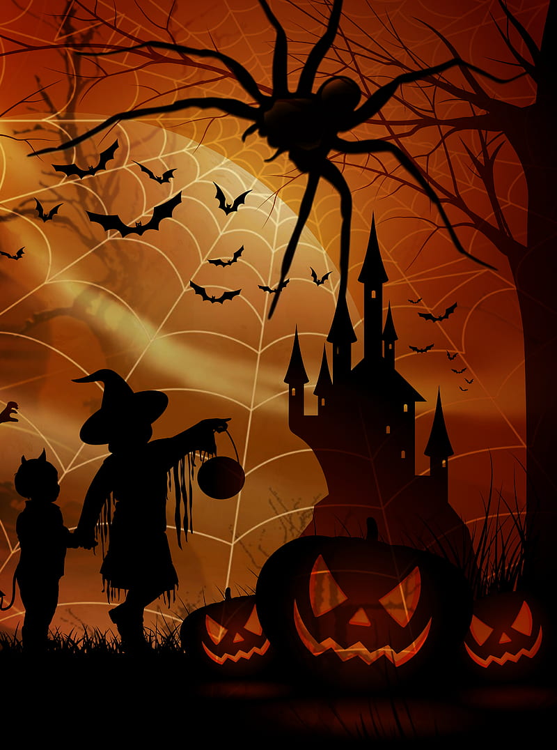 Halloween, pumpkins, moon, spider, HD phone wallpaper | Peakpx