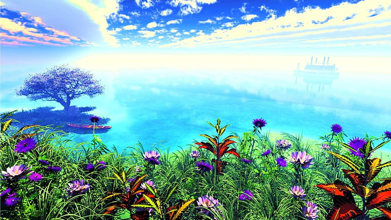 Beautiful World~, art, bonito, sky, clouds, tree, boat, water, 3D, flowers, HD  wallpaper | Peakpx