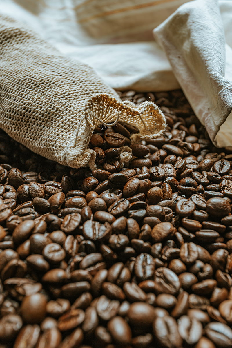 coffee beans, beans, coffee, brown, macro, bag, HD phone wallpaper
