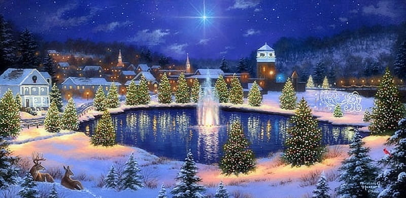 Christmas Town, villages, stars, Christmas, fountain, lakes, holidays, town, love four seasons, Christmas Trees, attractions in dreams, xmas and new year, lights, winter, paintings, snow, winter holidays, HD wallpaper