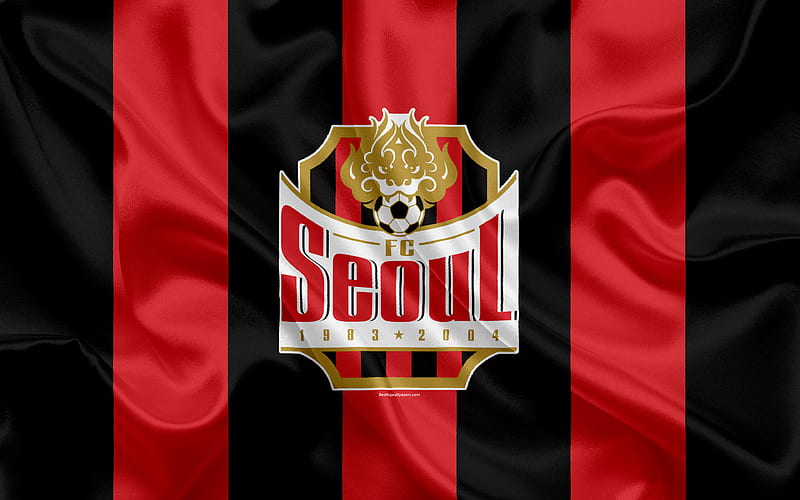 FC Seoul, silk flag, red black silk texture, South Korean football club logo, emblem, K League 1, football, Seoul, South Korea, HD wallpaper
