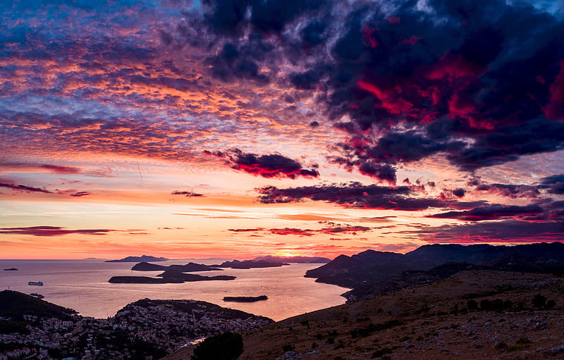 sea, sunset, clouds, mountains, croatia, HD wallpaper