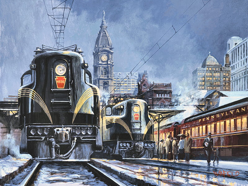 Broad Street Station - Train F2, art, train, cityscape, pennsylvania, painting, artwork, train station, HD wallpaper