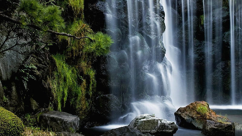 Sleek Flowing Waterfalls, brown, grass, rock, splash, leaves, green, bush,  river, HD wallpaper | Peakpx