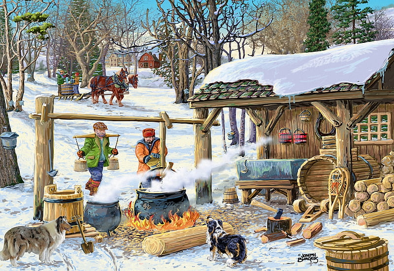 Maple Syrup Time, hut, pots, snow, people, horses, dogs, sleigh, trees, fire, painting, HD wallpaper