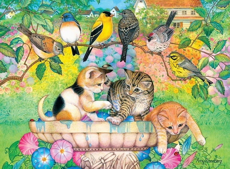 Wait your turn, cute, art, bird, garden, amy rosenberg, kitten, pisici, cat, flower, HD wallpaper